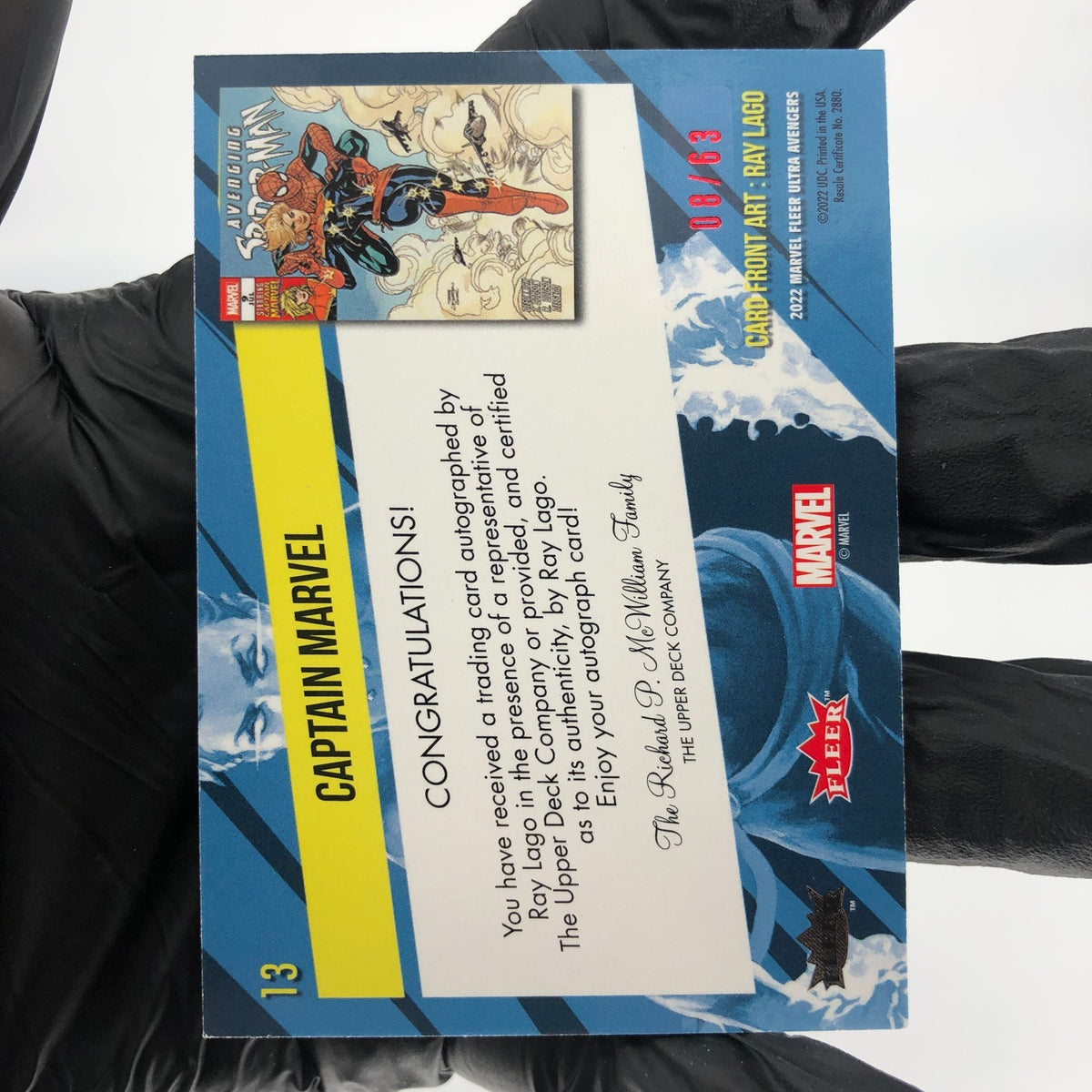 Marvel Card Captain 13 Signed Red /63 Fleer Upper Deck Ultra Avengers 2022 [NM.]