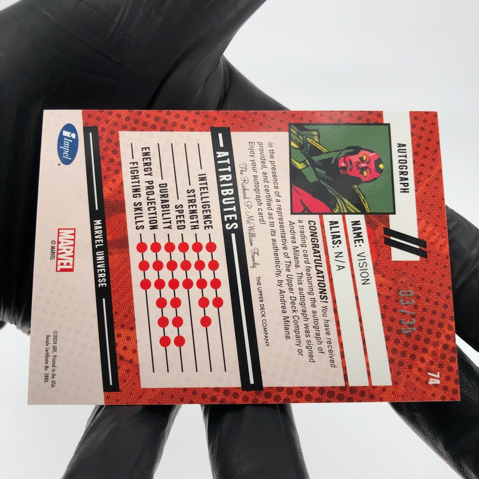 Marvel Card Vision 74 Signed  /35 Andrea Milana Upper Deck Renditions [NM]