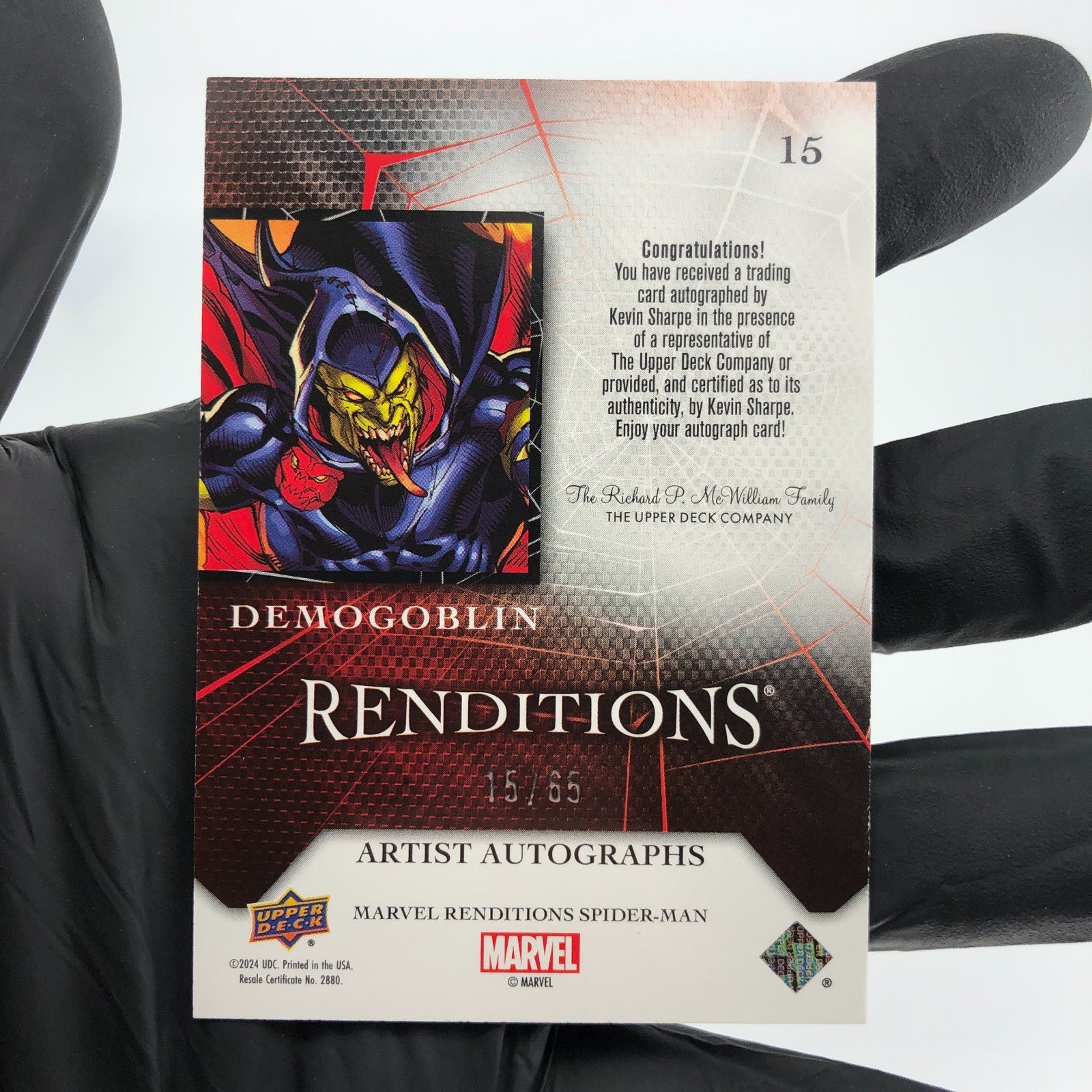 Marvel Card Demogoblin 15 Singed Kevin Sharpe /65 Upper Deck Renditions [NM]