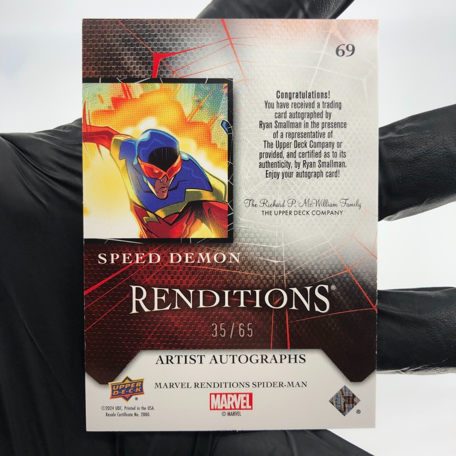 Marvel Card Speed Demon 69 Singed Ryan Smallman /65 Upper Deck Renditions [NM]