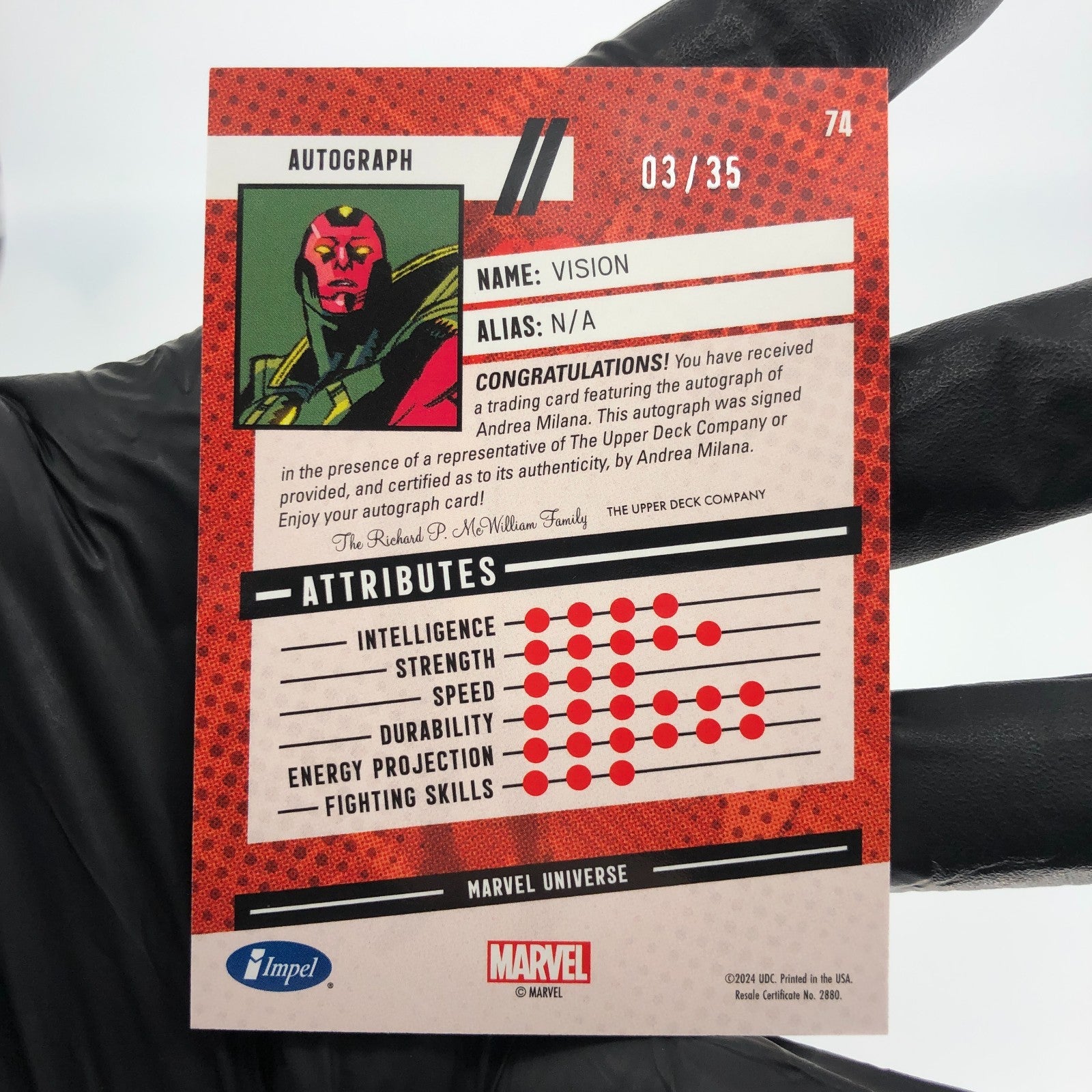 Marvel Card Vision 74 Signed  /35 Andrea Milana Upper Deck Renditions [NM]