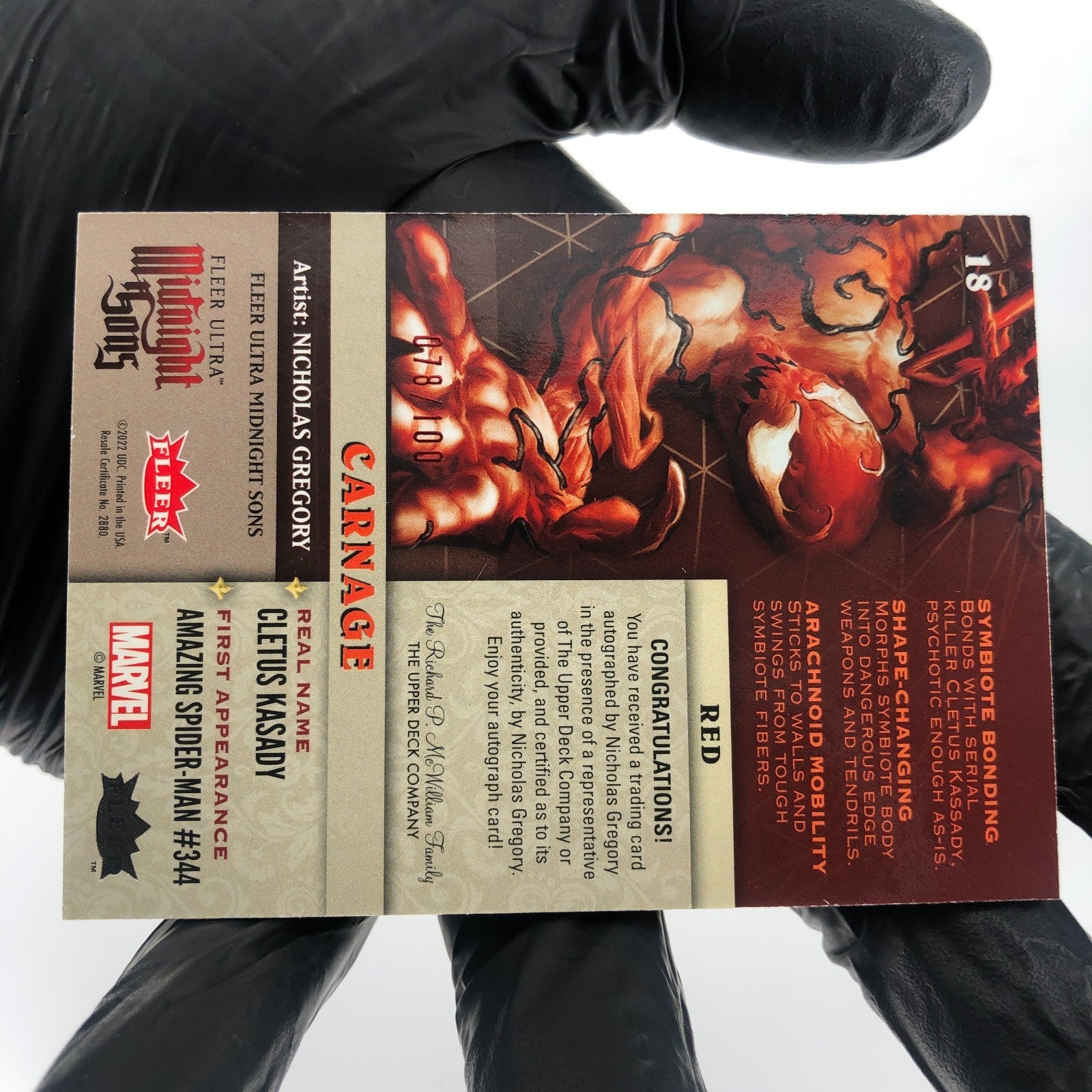 Marvel Card Carnage 18 Signature /100 Midnight Sons 2022 Fleer Upper Deck [Exc.]