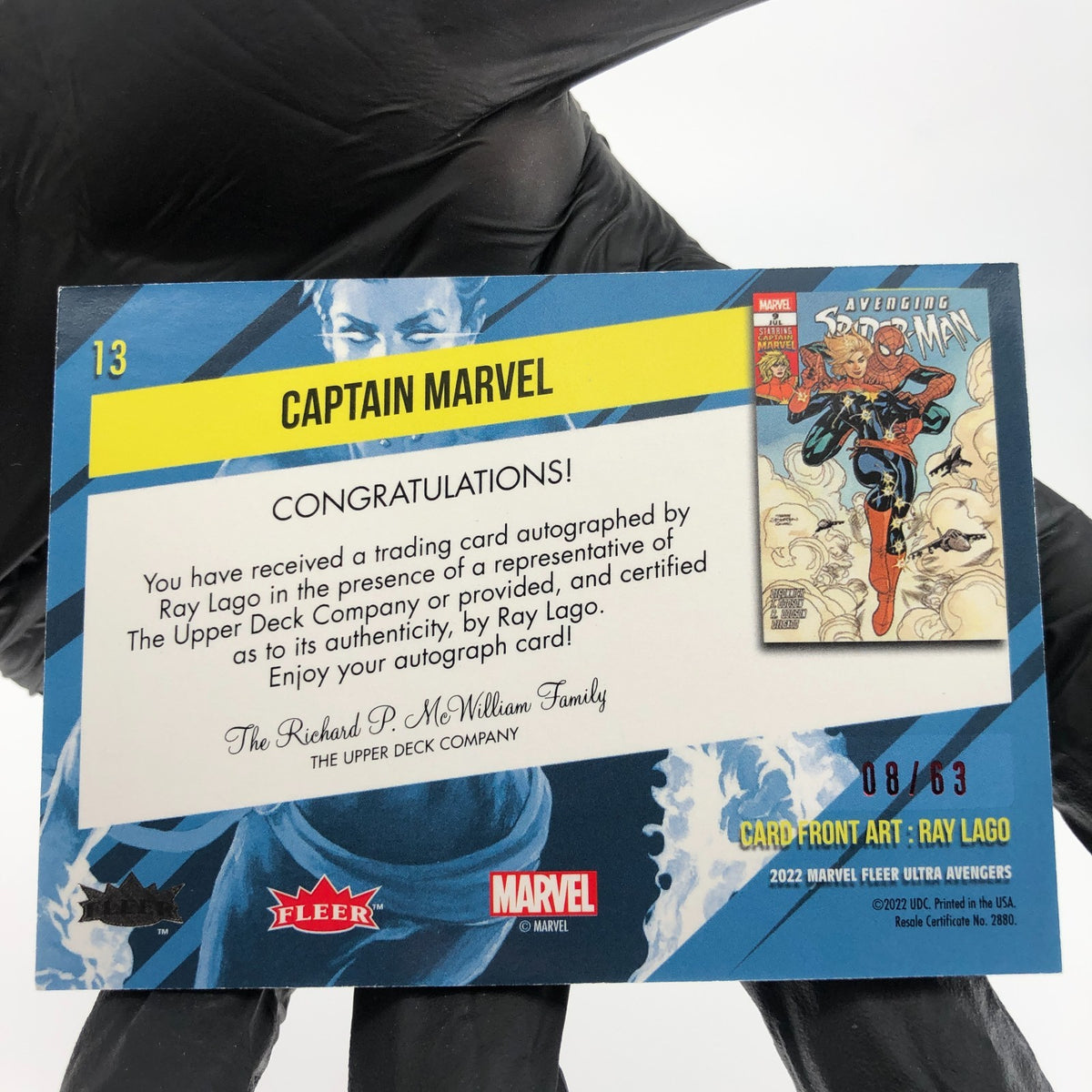Marvel Card Captain 13 Signed Red /63 Fleer Upper Deck Ultra Avengers 2022 [NM.]