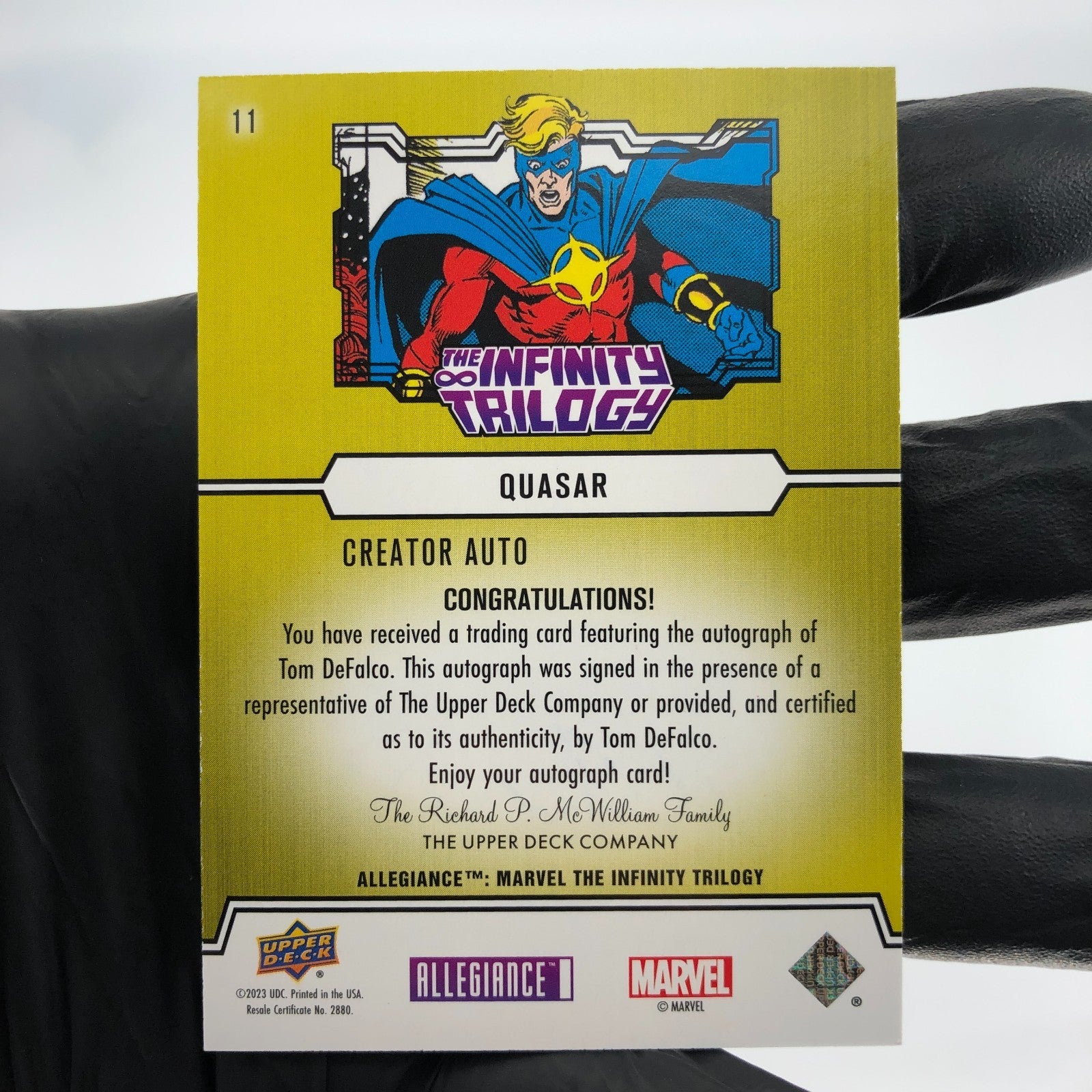 Marvel Card Quasar 11 Signed Tom Defalco Infinity Allegiance Upper Deck [NM]